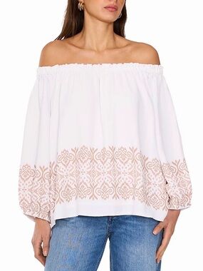 Vince Camuto White Off-Shoulder Blouse with Blush Embroidery